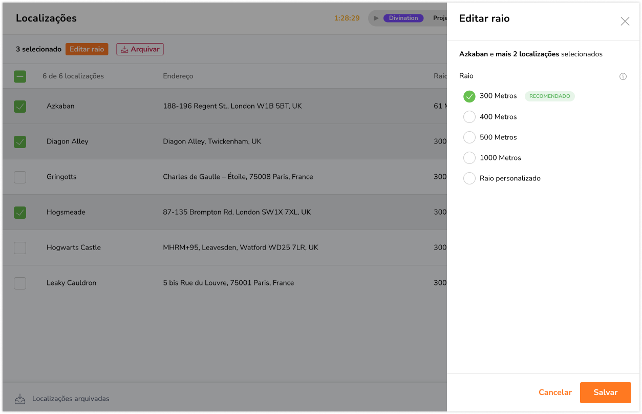 location list edit radius info